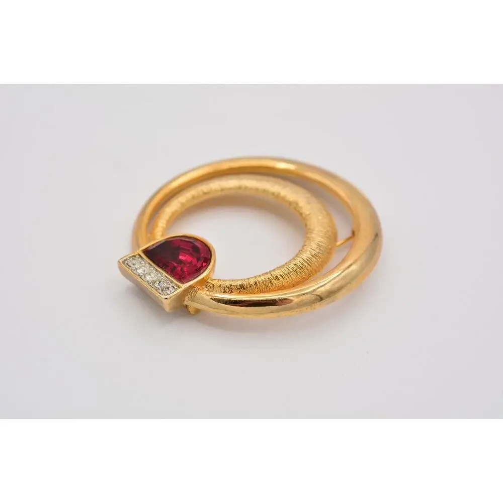 Craft Vintage Pin Brooch Red Rhinestone Crystal Gold Chunky Signed 1980s BinAT